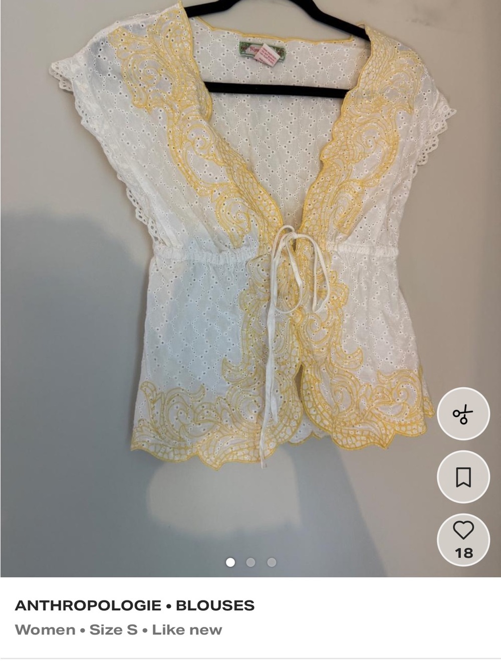 Anthropologie White Eyelet Blouse with Yellow Embroidered Trim